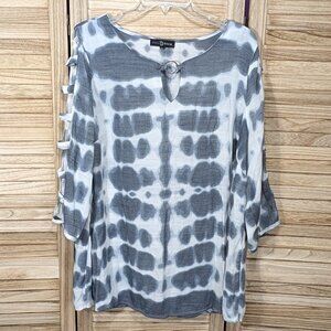Fred David Top Tie-Dye Cold Shoulder Tunic Gray White Tie-Dye Ring Detail SZ 1X